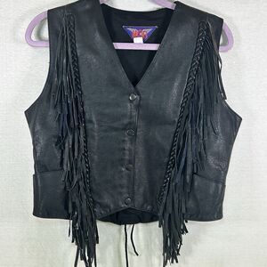 Vintage MOB Genuine Black Leather Motorcycle Vest Womens Medium Tassels Biker